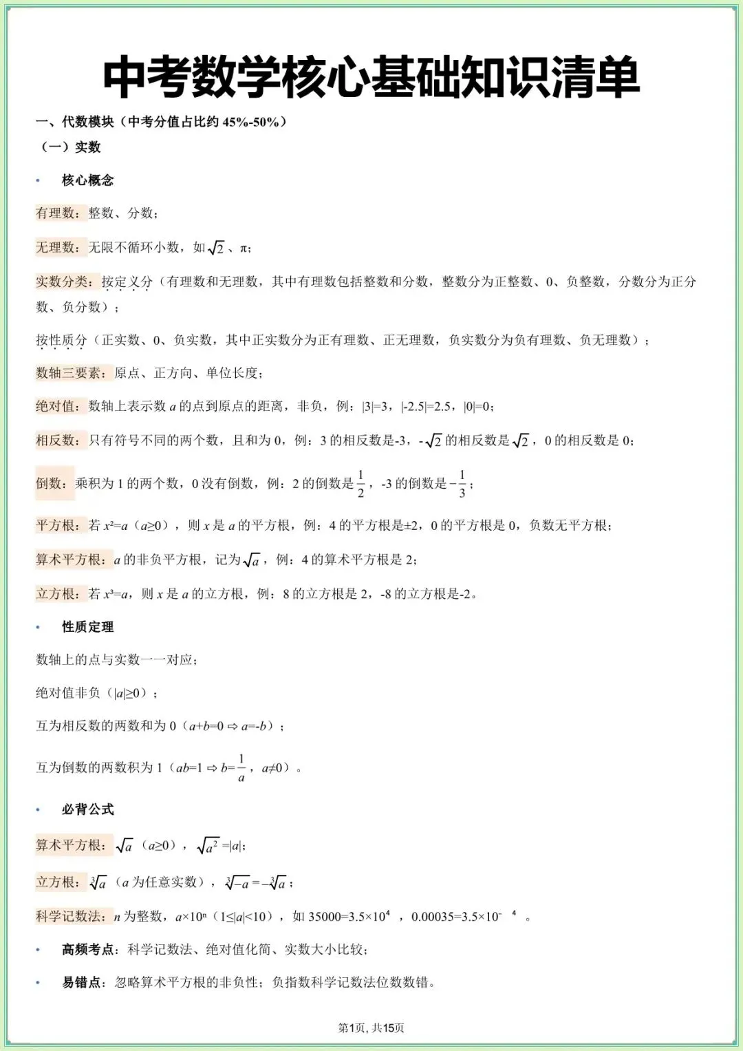 【中考数学知识清单】中考数学核心基础知识清单(可下载打印) 第2张