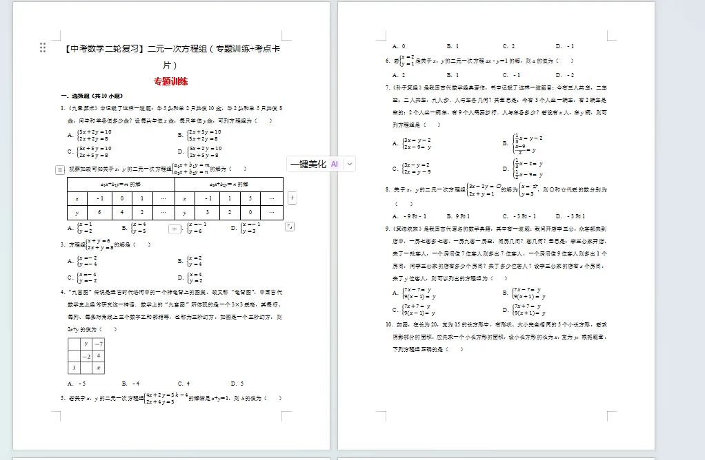 【中考数学二轮复习】二元一次方程组(专题训练+考点卡片)21页 第1张