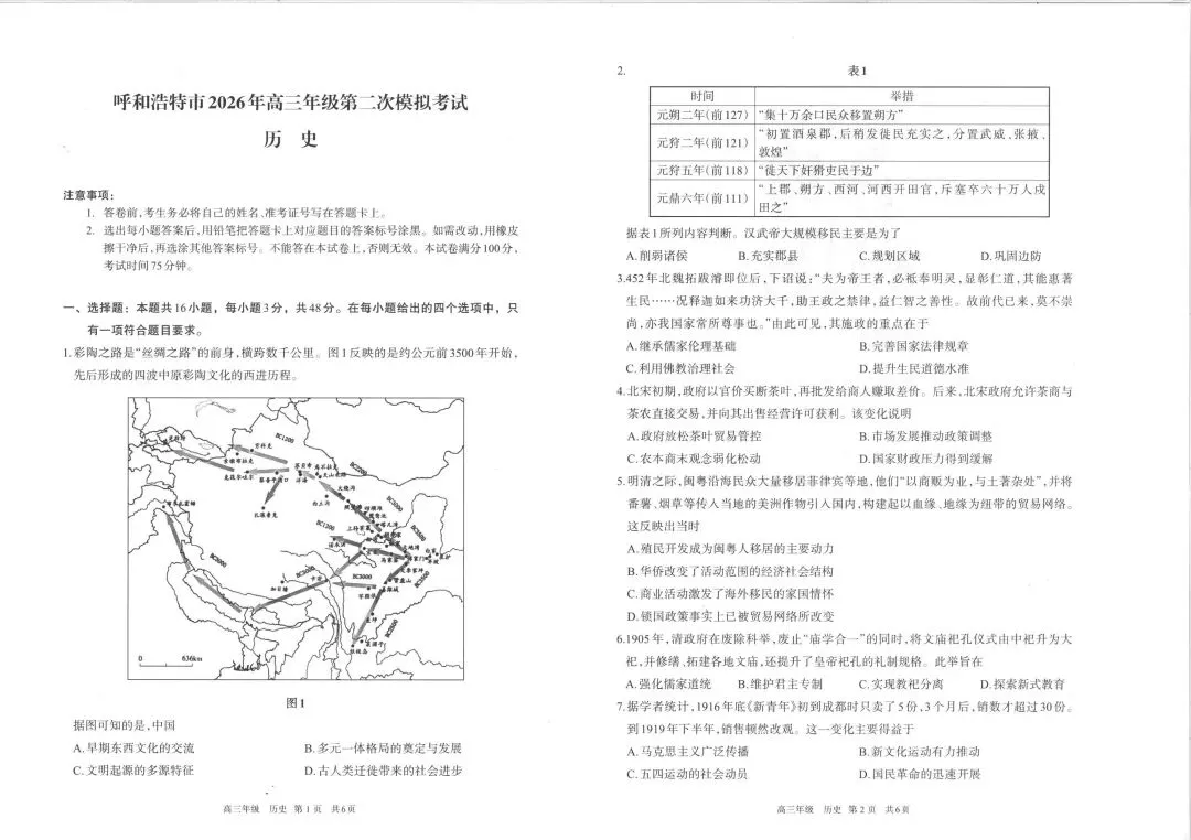 呼和浩特市2026年高三二模试卷(附2道选择题视频解析) 第1张