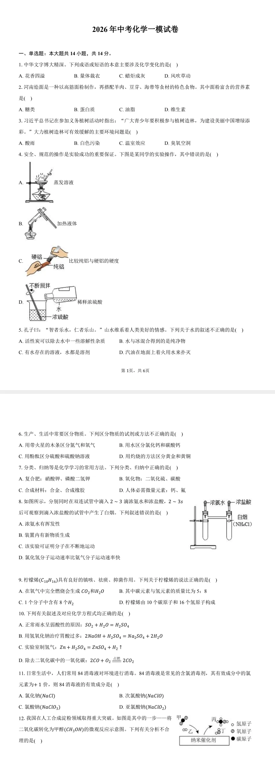 2026年中考[化学]一模试卷 第1张