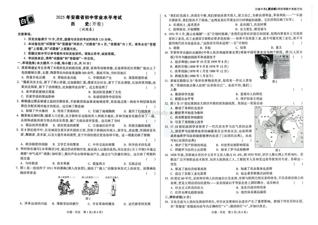 (七科全)2025年安徽省万唯中考•黑白卷 语文 数学 英语 物理 化学 历史 道法(有答案免费下载) 第27张