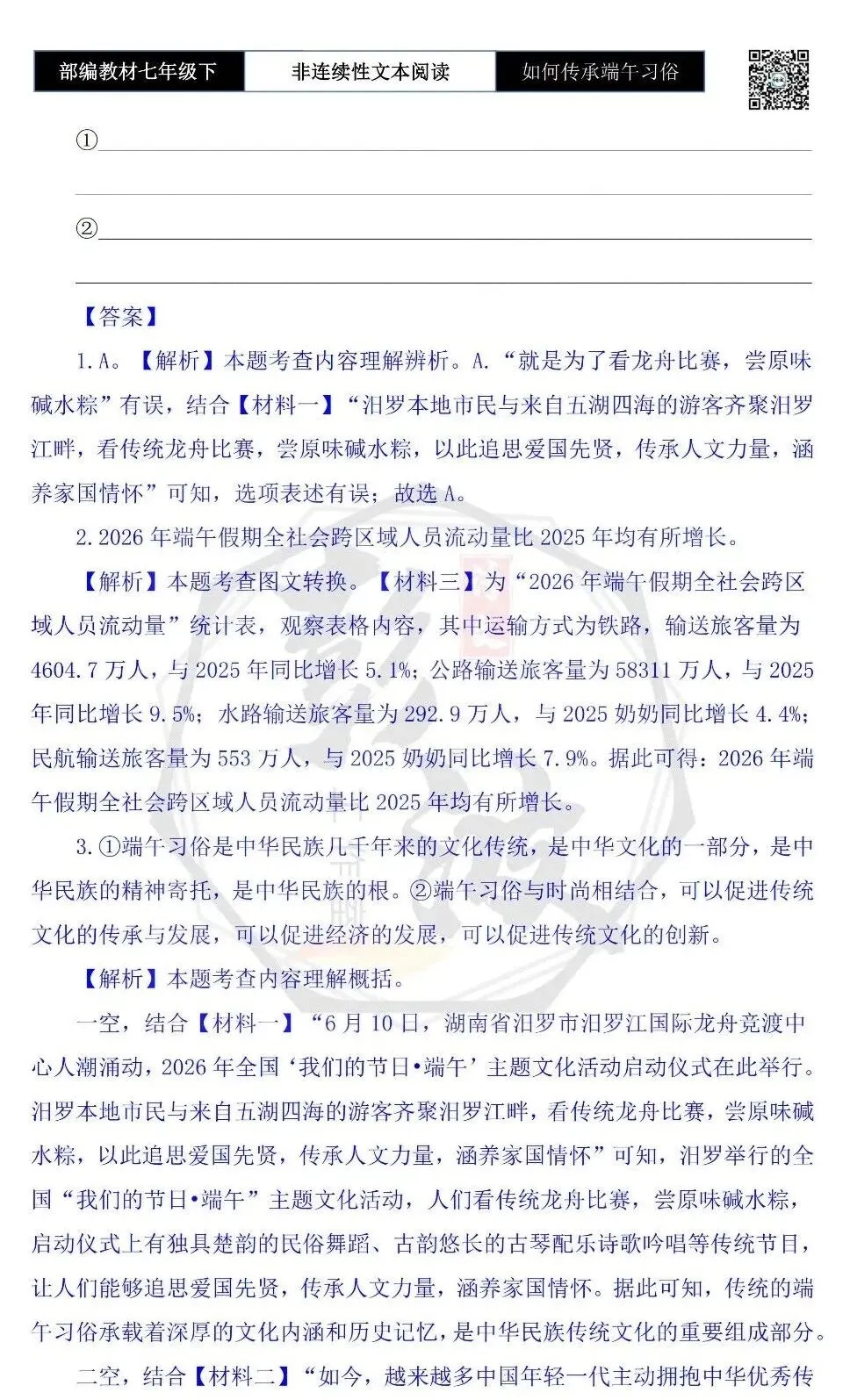 【非连续性文本阅读-真题演练】七年级下-10-如何传承端午习俗-试题精析 第7张
