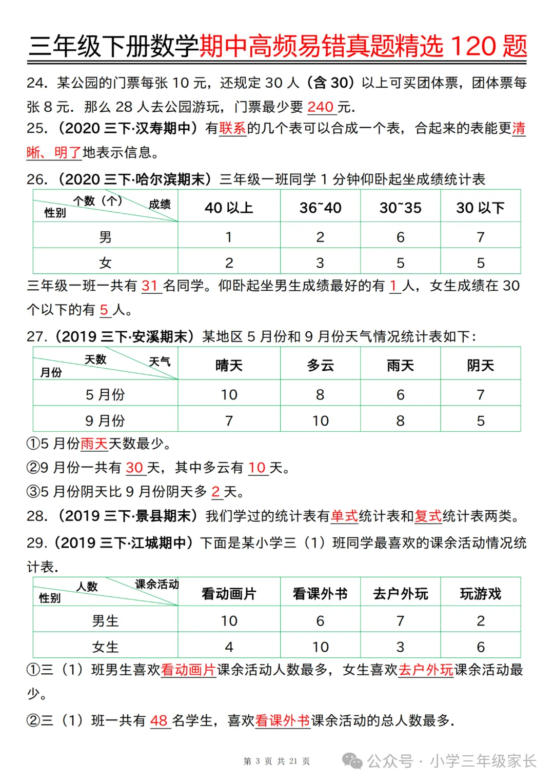三年级下册数学期中高频易错真题精选120题六大类型,有答案! 第6张