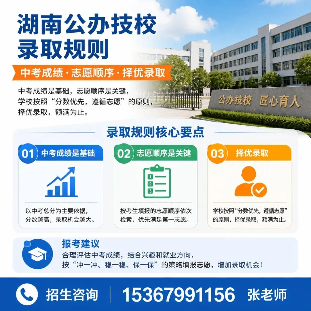 湖南公办技校录取规则 中考成绩志愿顺序择优录取 第1张