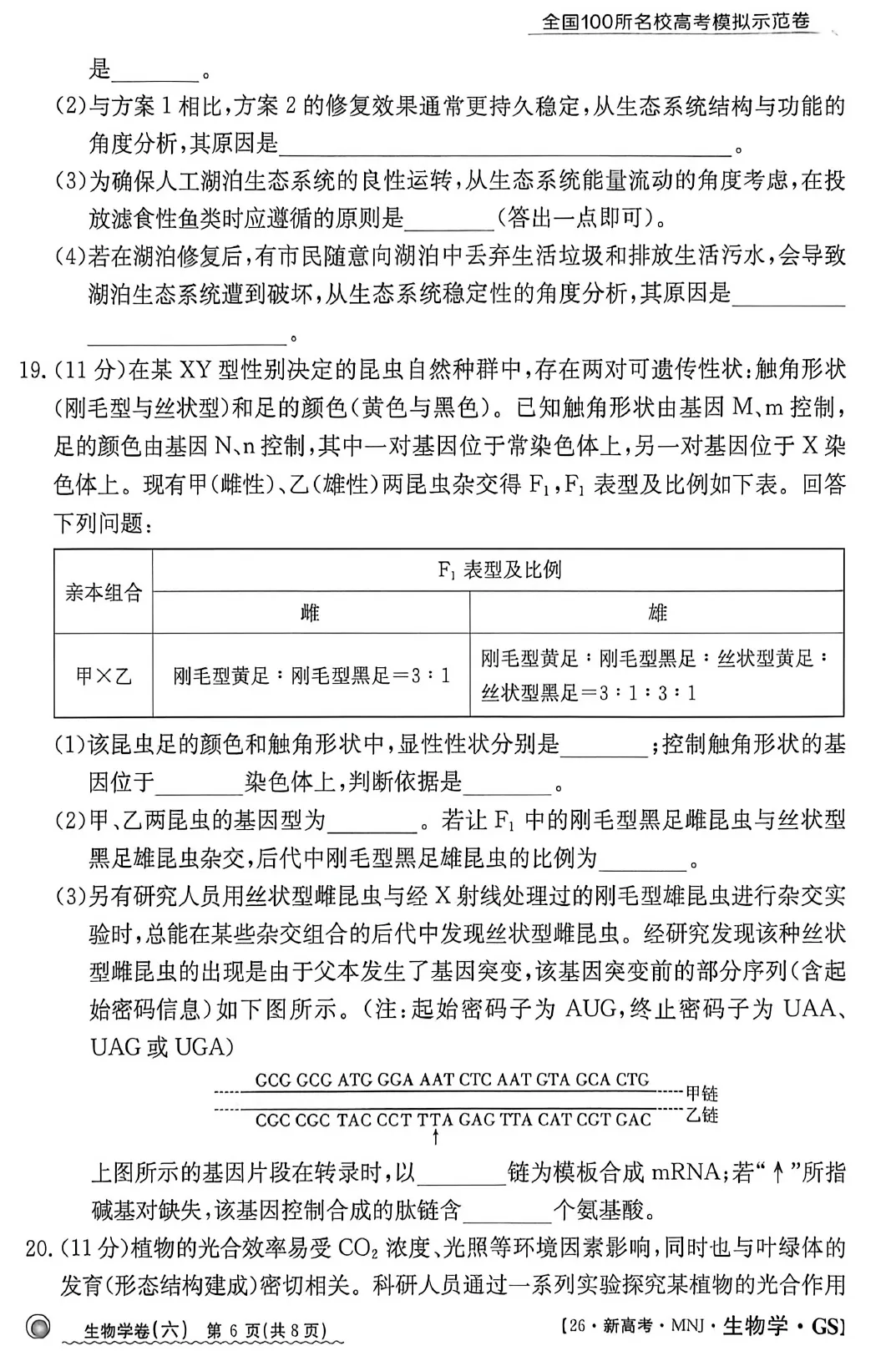 2026年甘肃省高三模拟测试(六)生物学试题及答案解析 第8张