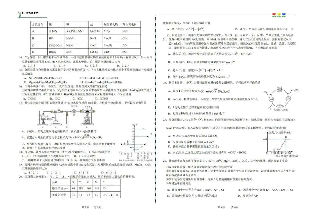 038高一年级化学期末考试模拟卷 第2张
