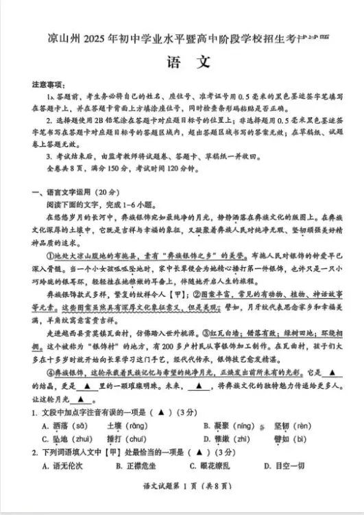 《中考真题试卷及答案》四川省凉山-语文数学物理化学 第1张