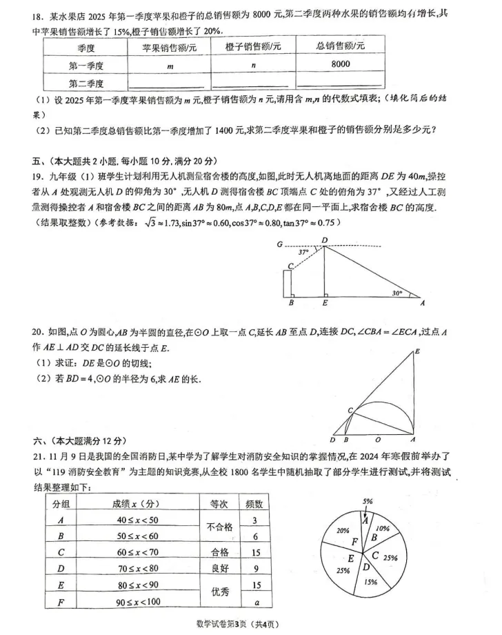 2026年安徽省马鞍山市第八中学中考数学二模试卷 第3张