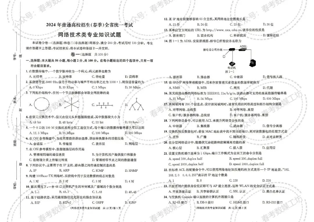 2024年山东春考理论真题回忆版【网络技术类】 第1张