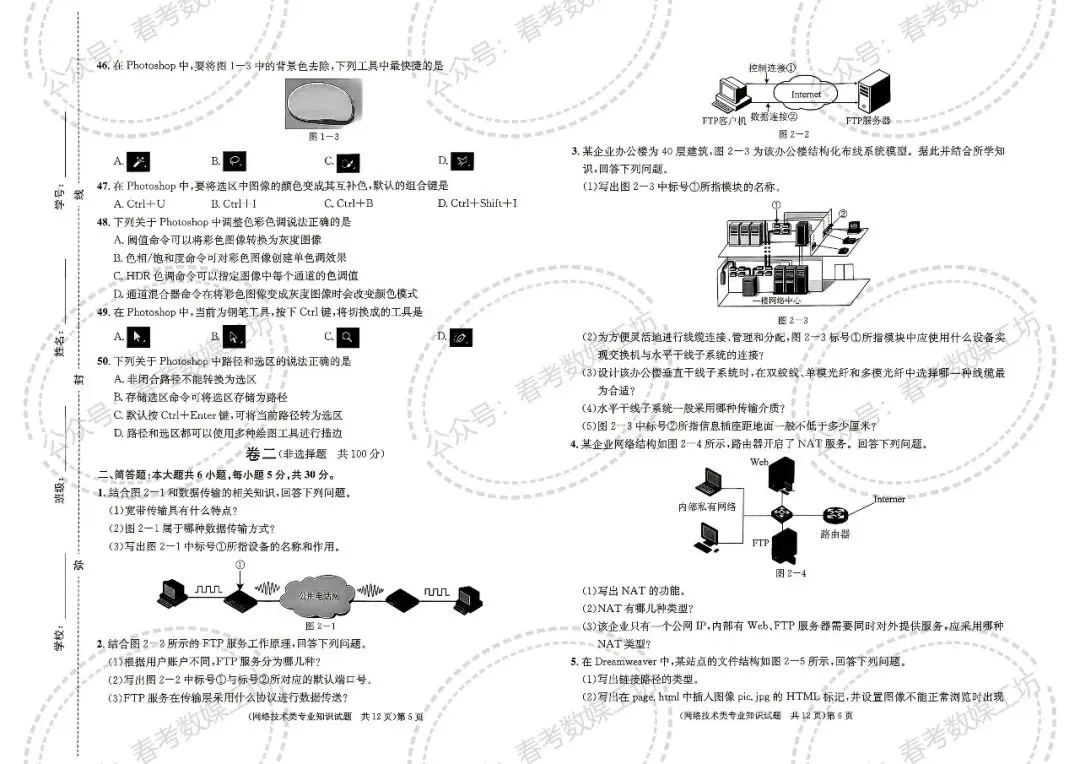 2024年山东春考理论真题回忆版【网络技术类】 第3张