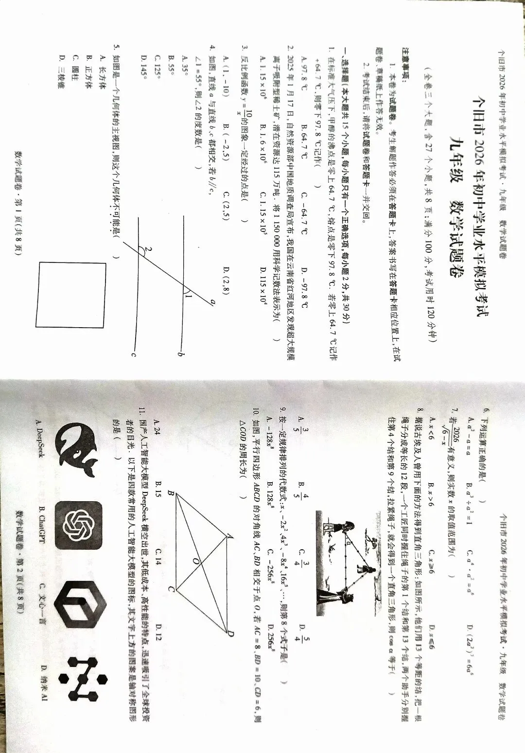 2026年个旧市初中学业水平模拟考试 九年级(初三)数学试题卷(中考) 第1张