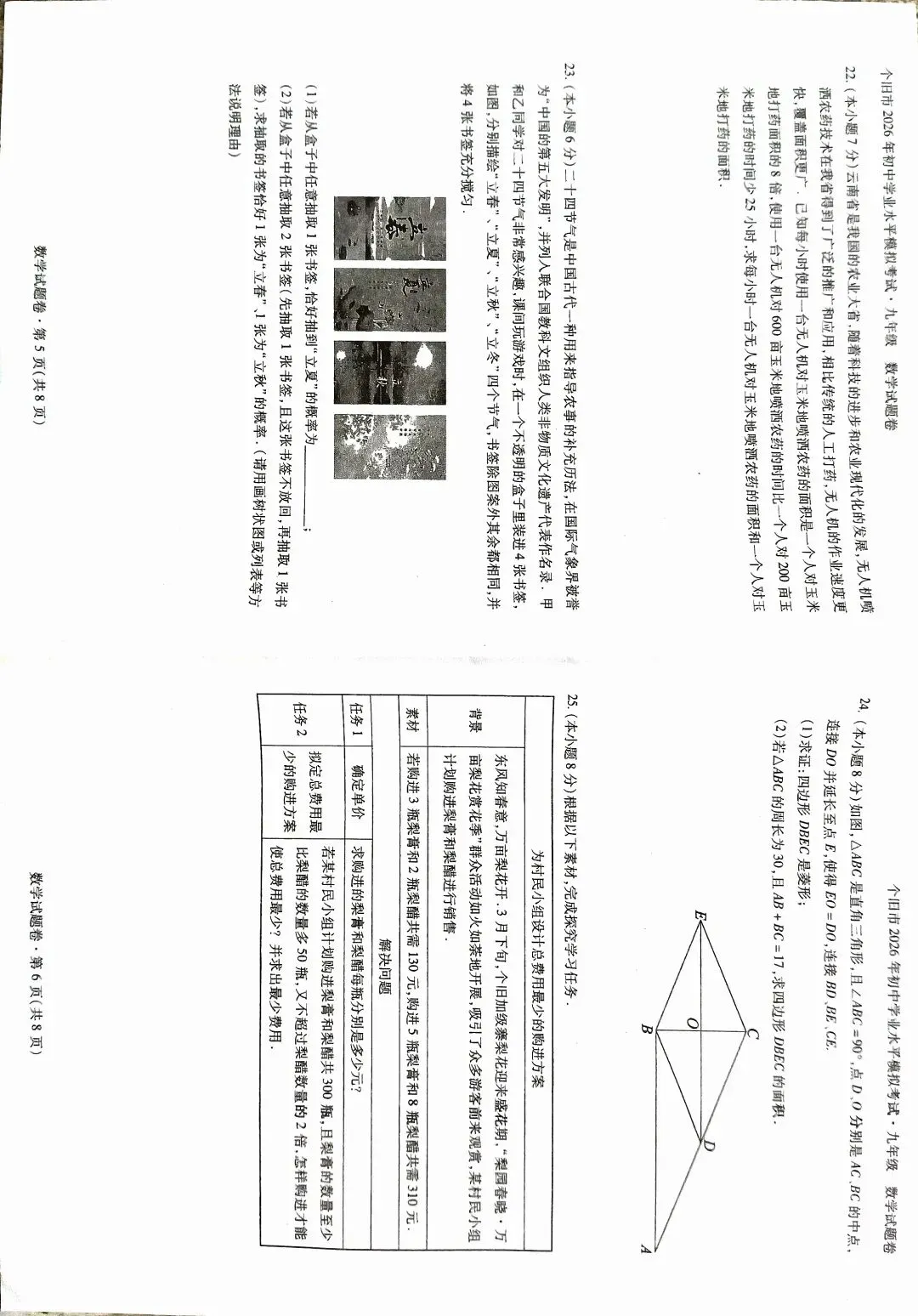 2026年个旧市初中学业水平模拟考试 九年级(初三)数学试题卷(中考) 第3张