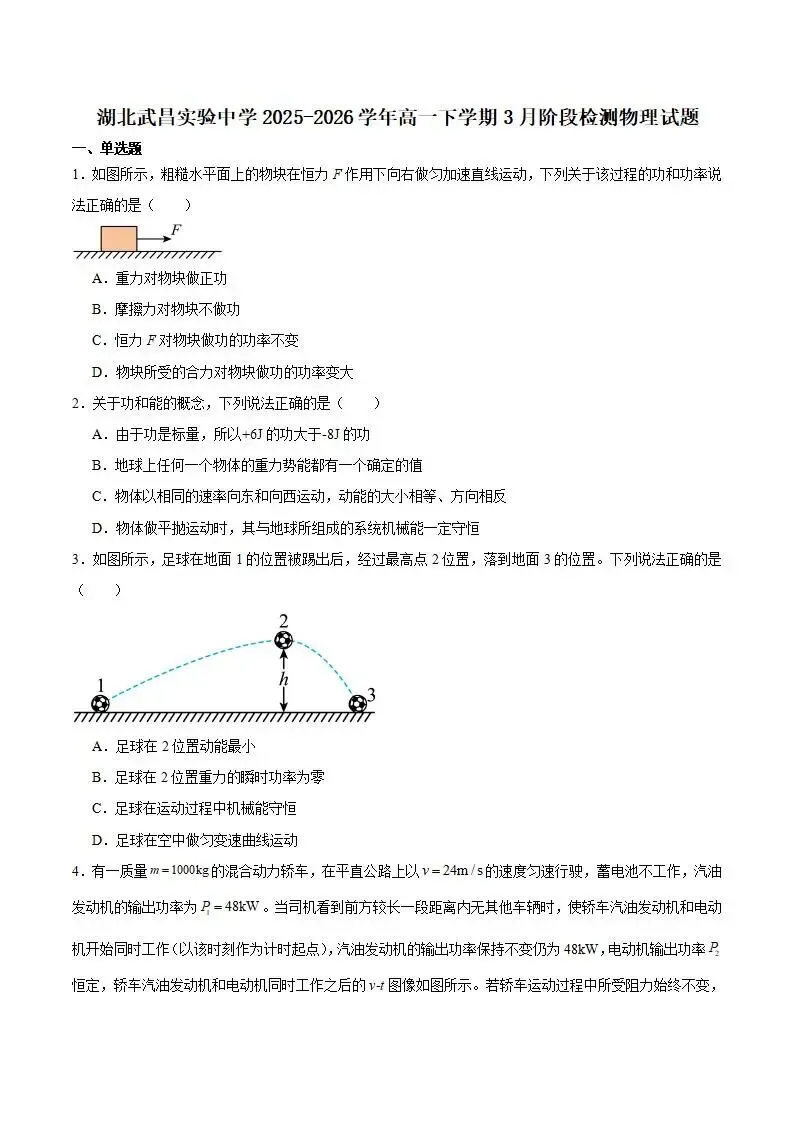 《高中试卷》湖北省武昌实验中学2025-2026学年高一下学期3月阶段性检测物理(含答案) 第3张