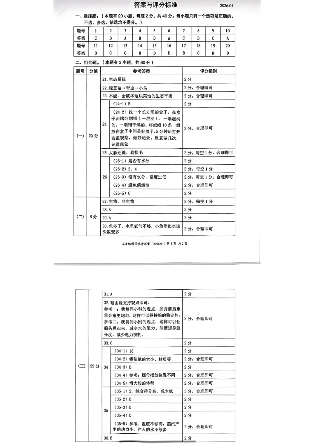 期中真题 | 浙江省温州市瓯海区2025-2026学年五年级下学期小学阶段性素养评价材料试题(科学) 第5张