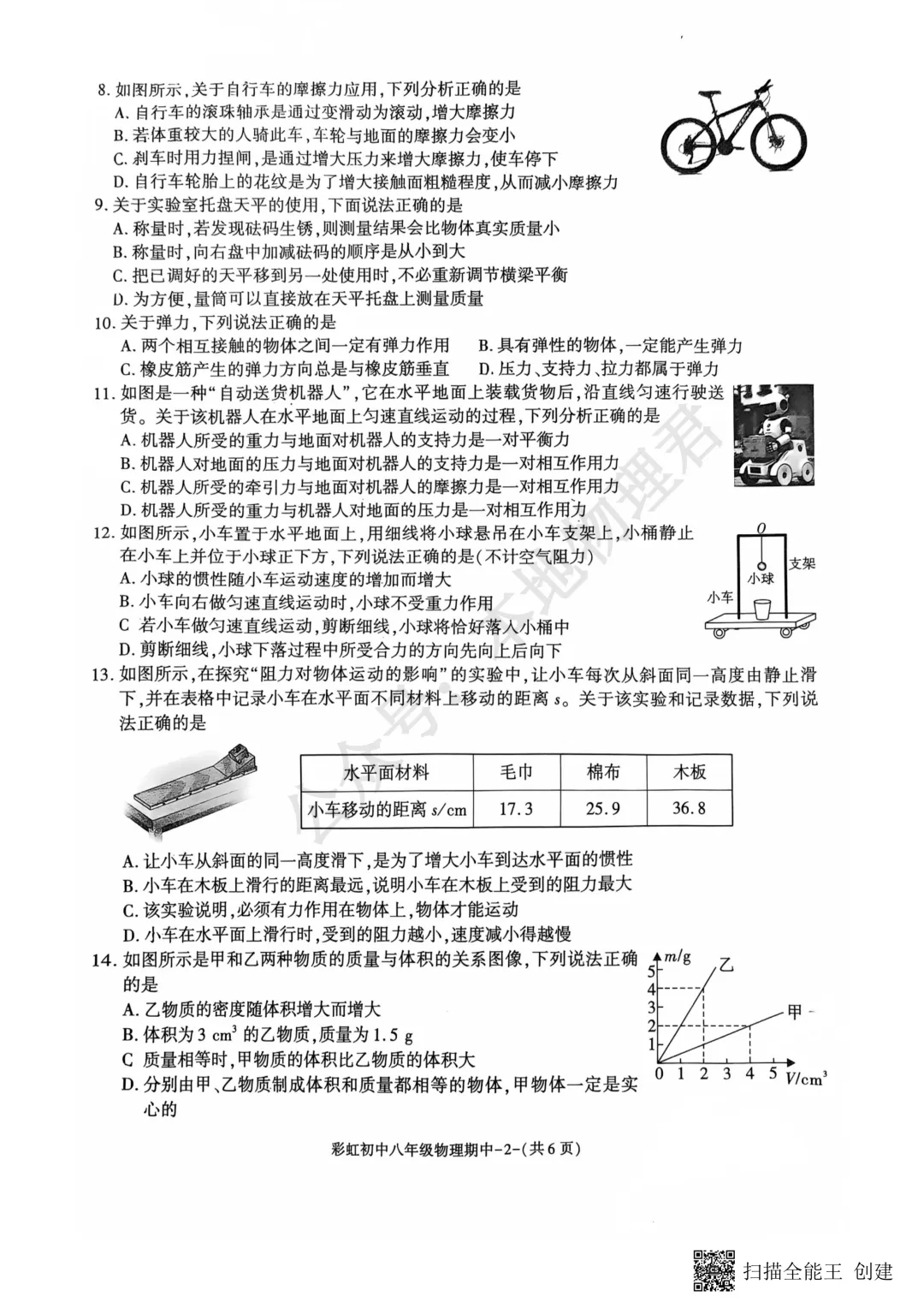 咸阳彩虹中学初二下学期期中物理试卷 第2张
