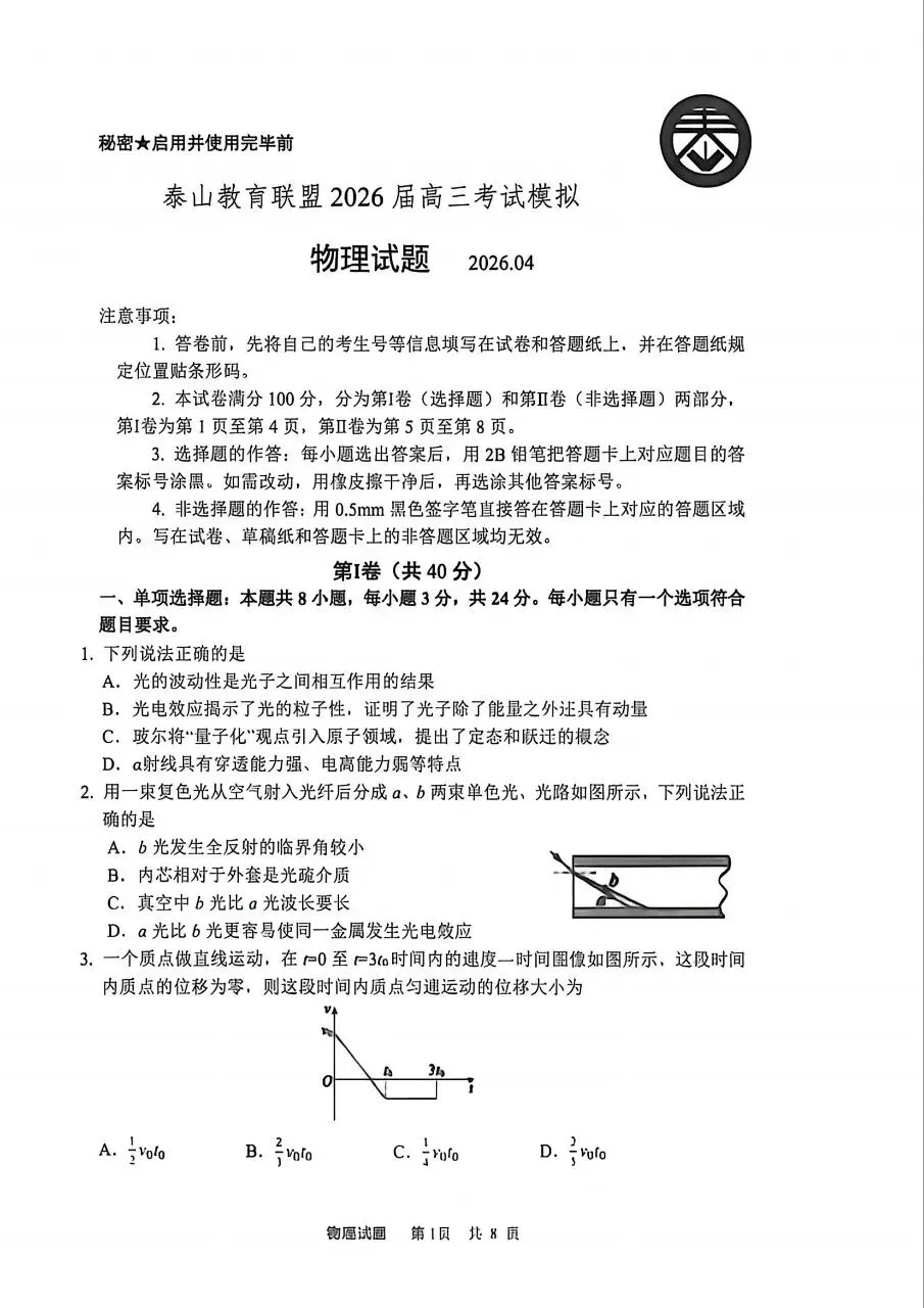 山东省泰山联盟高三物理试卷 第1张