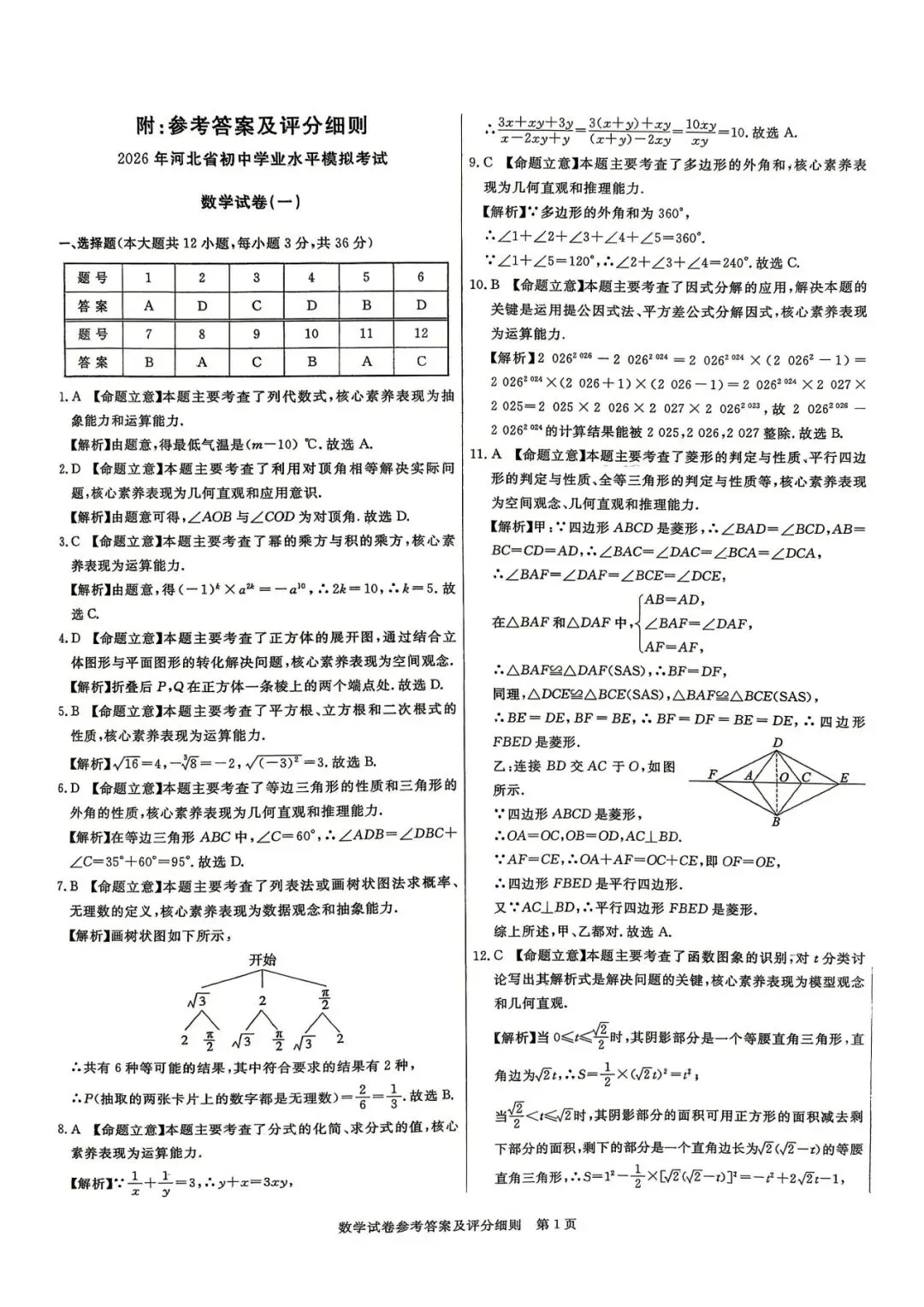 中考数学 | 2026河北省中考预测模拟考试一含答案 第15张