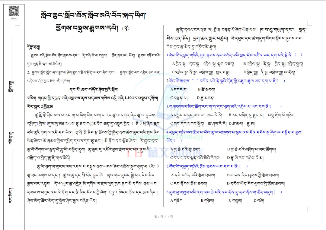 2026年小考藏文押题卷2(试卷+答题卡+答案) 2026ལོའི་ཆུང་རྒྱུགས་རྒྱུགས་དཔེ་༢ 第8张