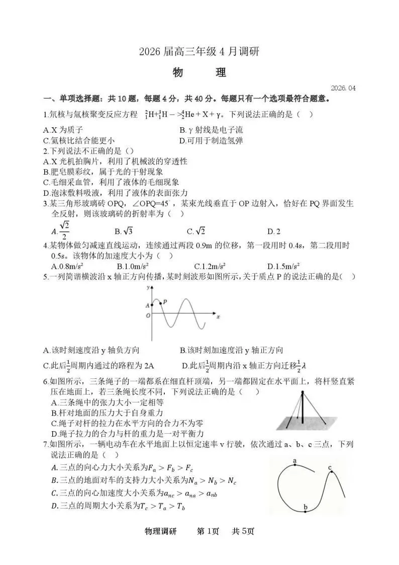 《高中试卷》江苏省徐州市2026届高三年级下学期4月调研考试物理(含答案) 第3张