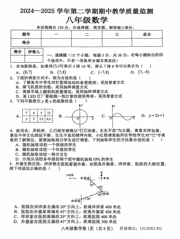 2025河北省八下期中教学质量监测数学试卷(人教版) 第1张