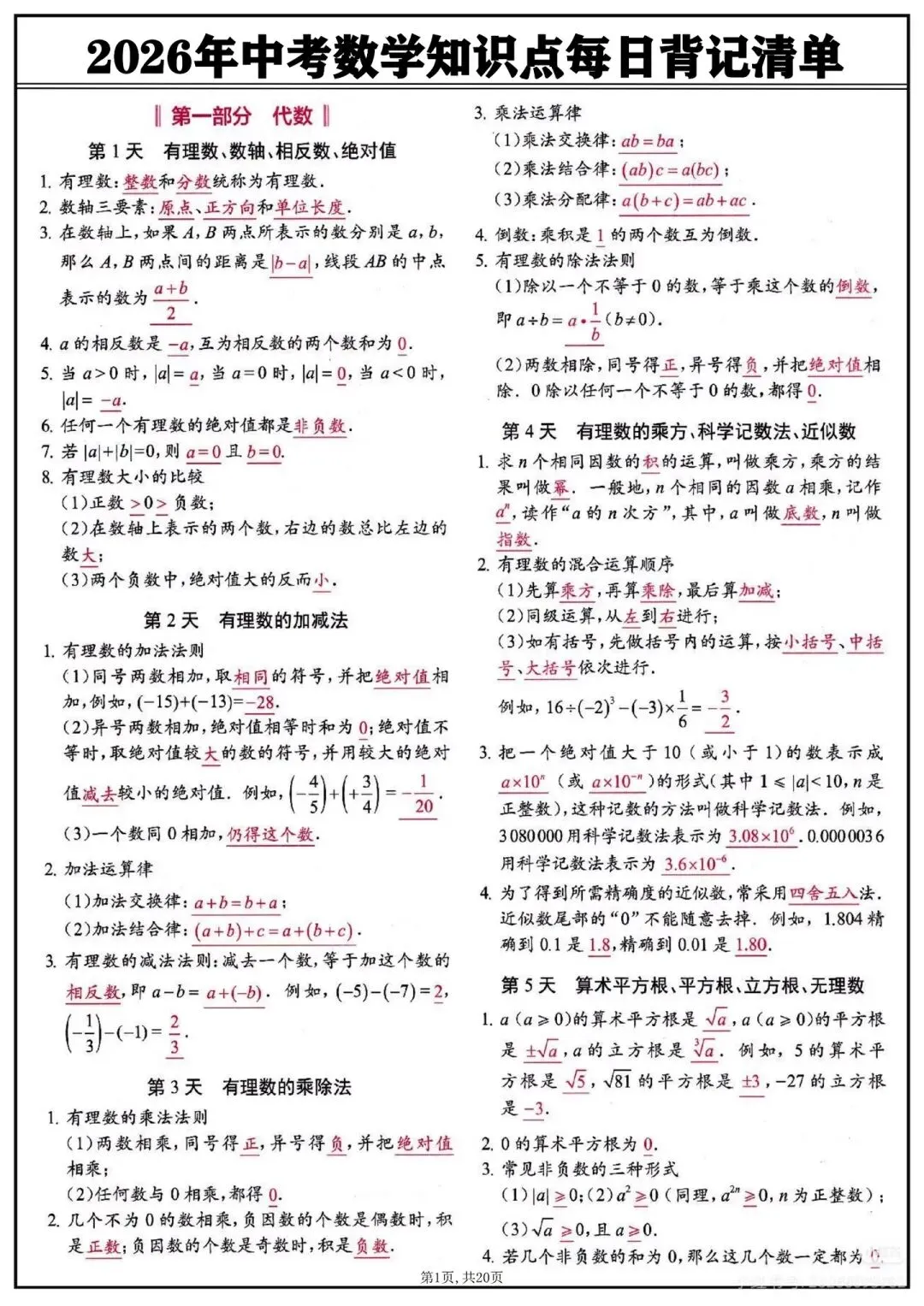 中考数学救命清单!20页每日背诵,考前必看! 第1张