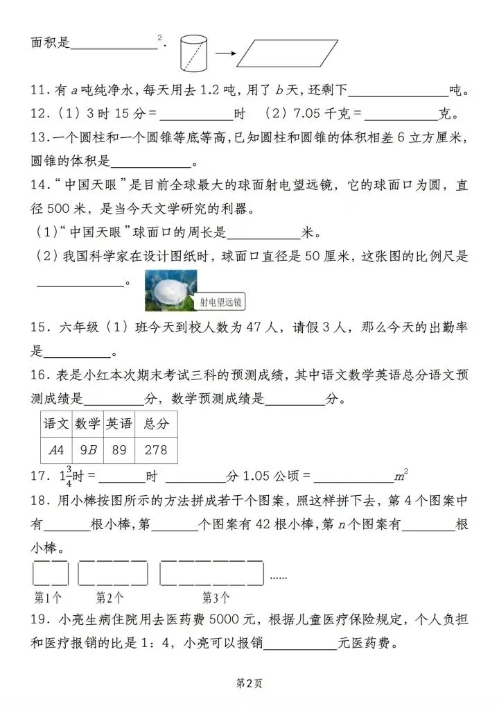 六年级下册数学小升初备考真题·填空题(完整电子版可打印) 第3张