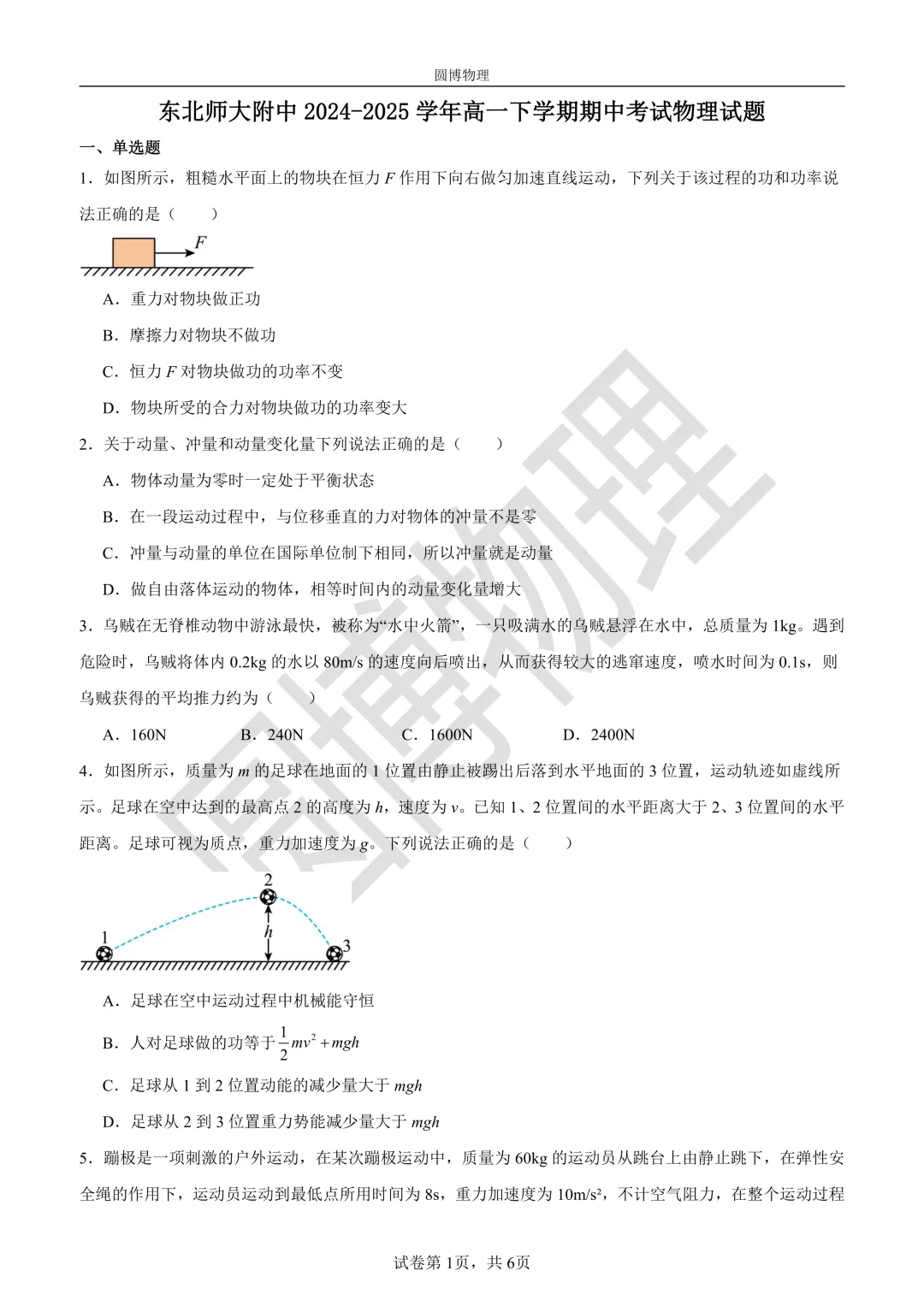 东北师大附中高一下期中物理试卷 第1张