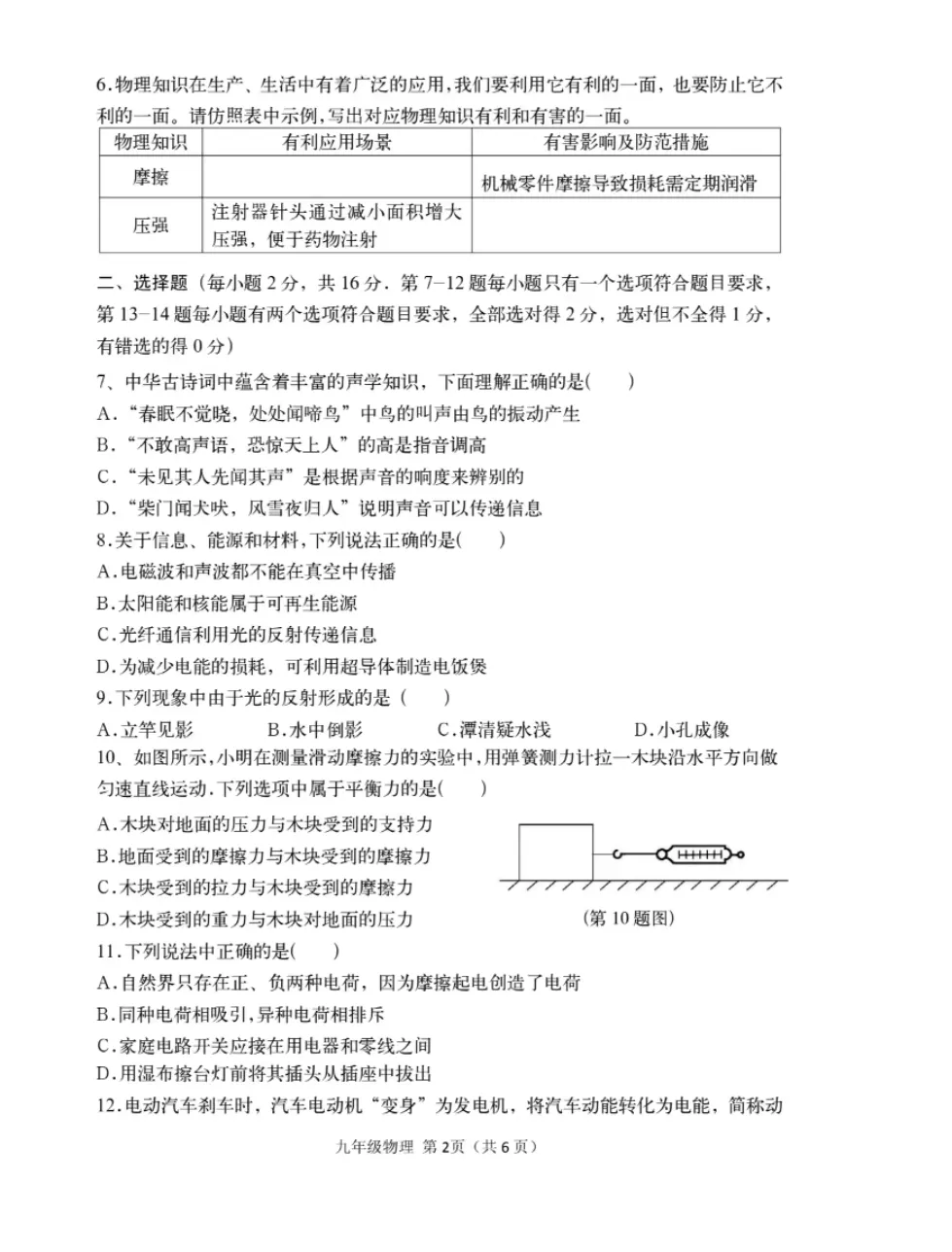 2026年邓州市九年级物理第一次模拟测试 第2张