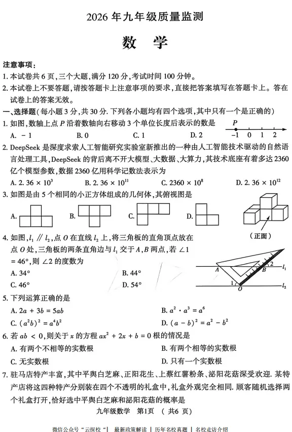 【中考一模】驻马店名校联考(驿城区)2026年九年级质量检测试题卷及答案(语数英物化道史) 第3张