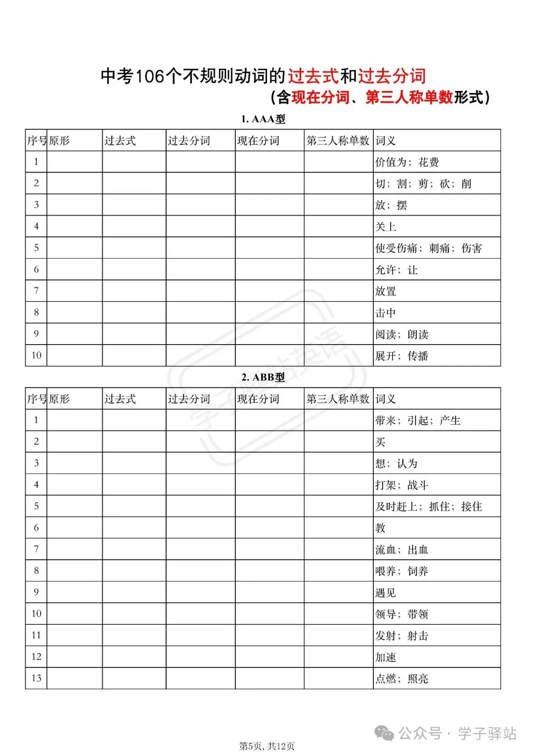 中考倒计时!课标106个不规则动词过去式和过去分词+现在分词+第三人称单数形式(含中英默写) 第4张
