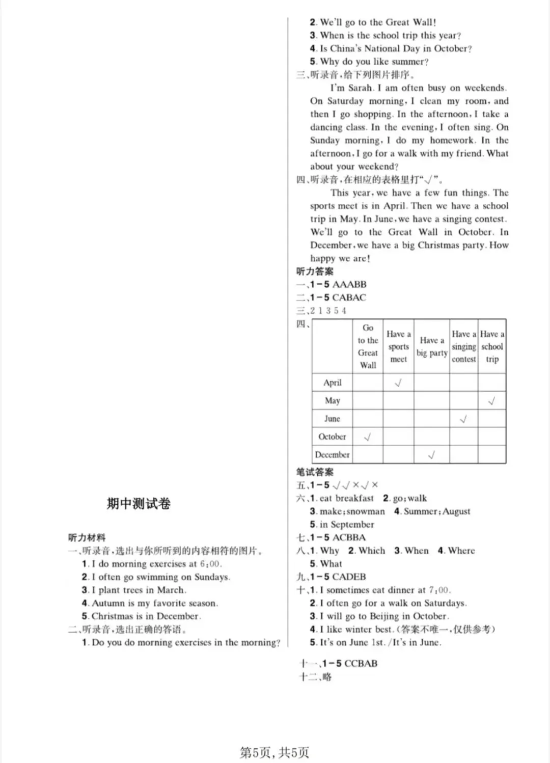 人教版小学五年级英语试卷及答案三套 第5张