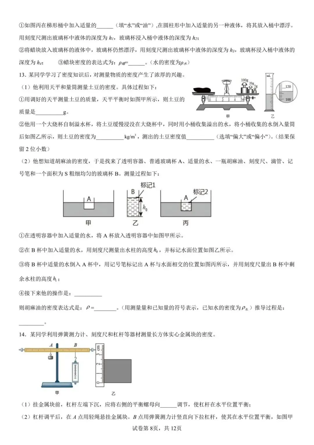 中考专题复习——测量物质密度的特殊方法 第8张