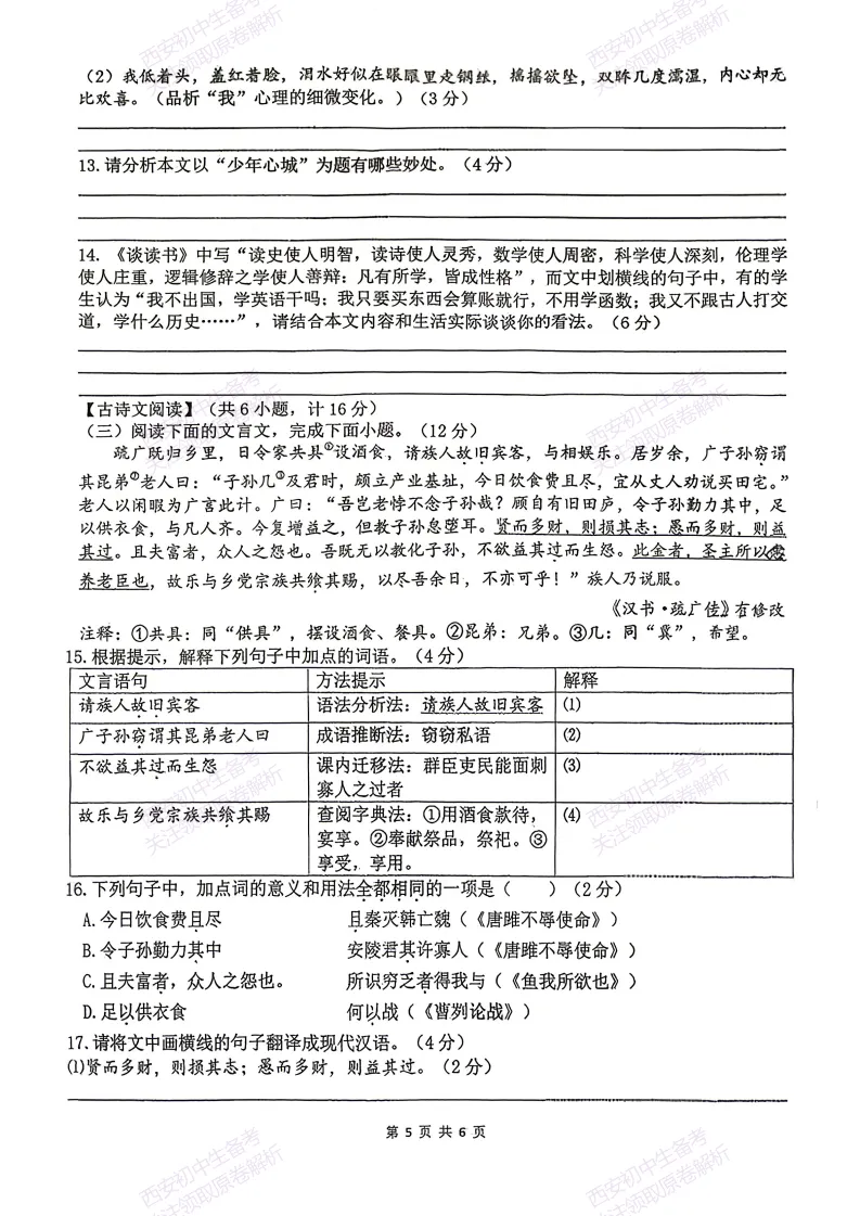 有答案!西安2026中考模拟:【西安滨河学校】九年级五模考试【语文】免费下载 第11张