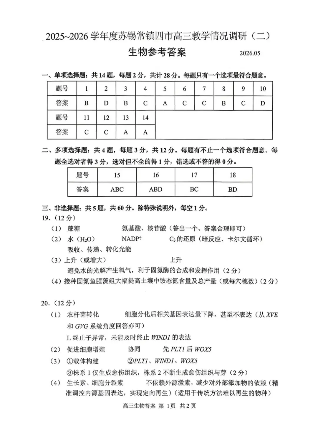 江苏省2026年苏锡常镇高三二模化学试卷、生物学试卷和参考答案 第17张