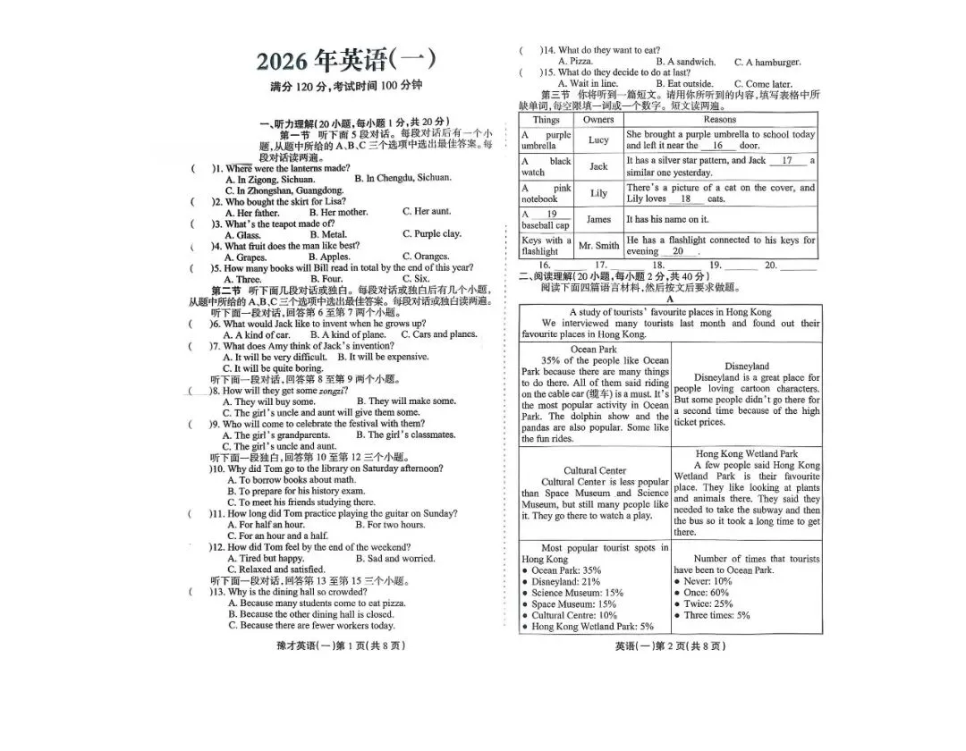 周口市多校联考2026年中考一模英语试卷及答案(文末可下载) 第1张