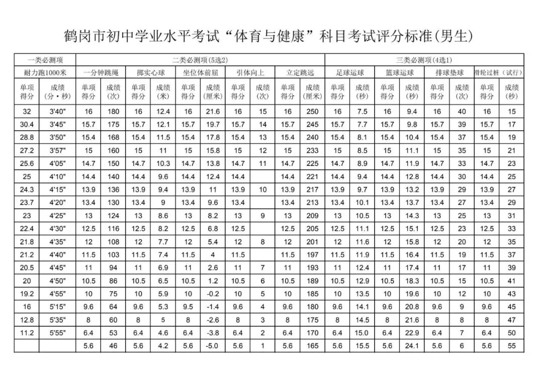 黑龙江省各地区“体育与健康”中考体育测试评分标准参考 第12张
