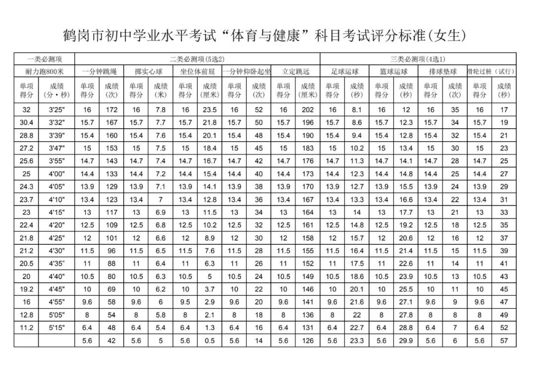 黑龙江省各地区“体育与健康”中考体育测试评分标准参考 第13张