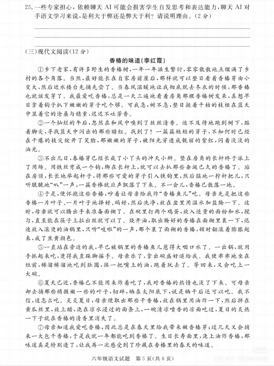 26春六年级下册小升初语文毕业升学考试模拟真题试卷,共8页带答案直接打印 第5张