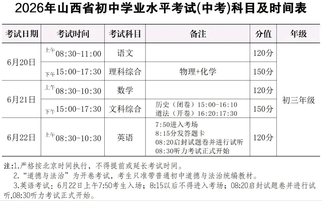 2026中考安排 第1张