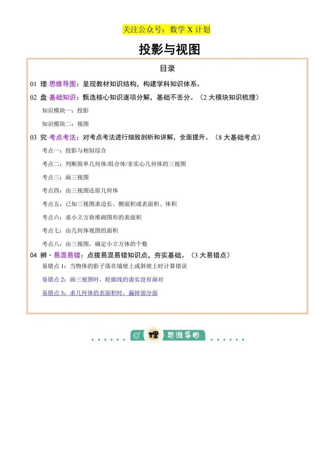 2026年中考数学难考及常考知识点:投影与视图 (2大模块知识梳理+8个考点+3个易错点)(原卷版) 第1张