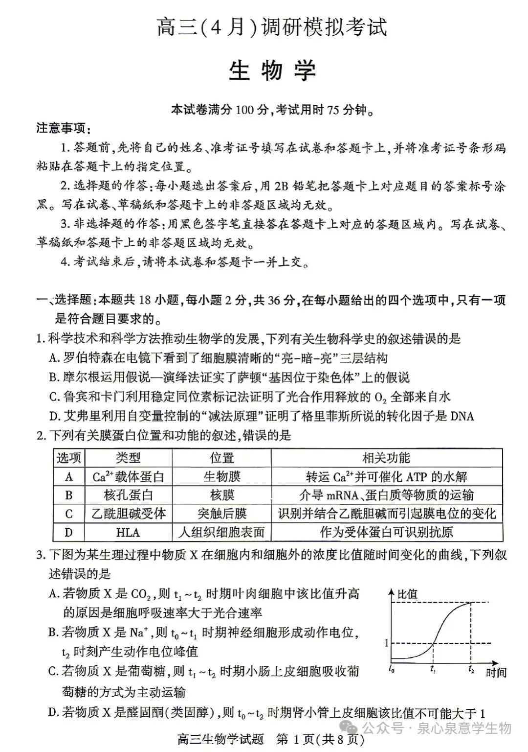 湖北2026届高三4月调研模拟考试生物学试题及参考答案 第1张