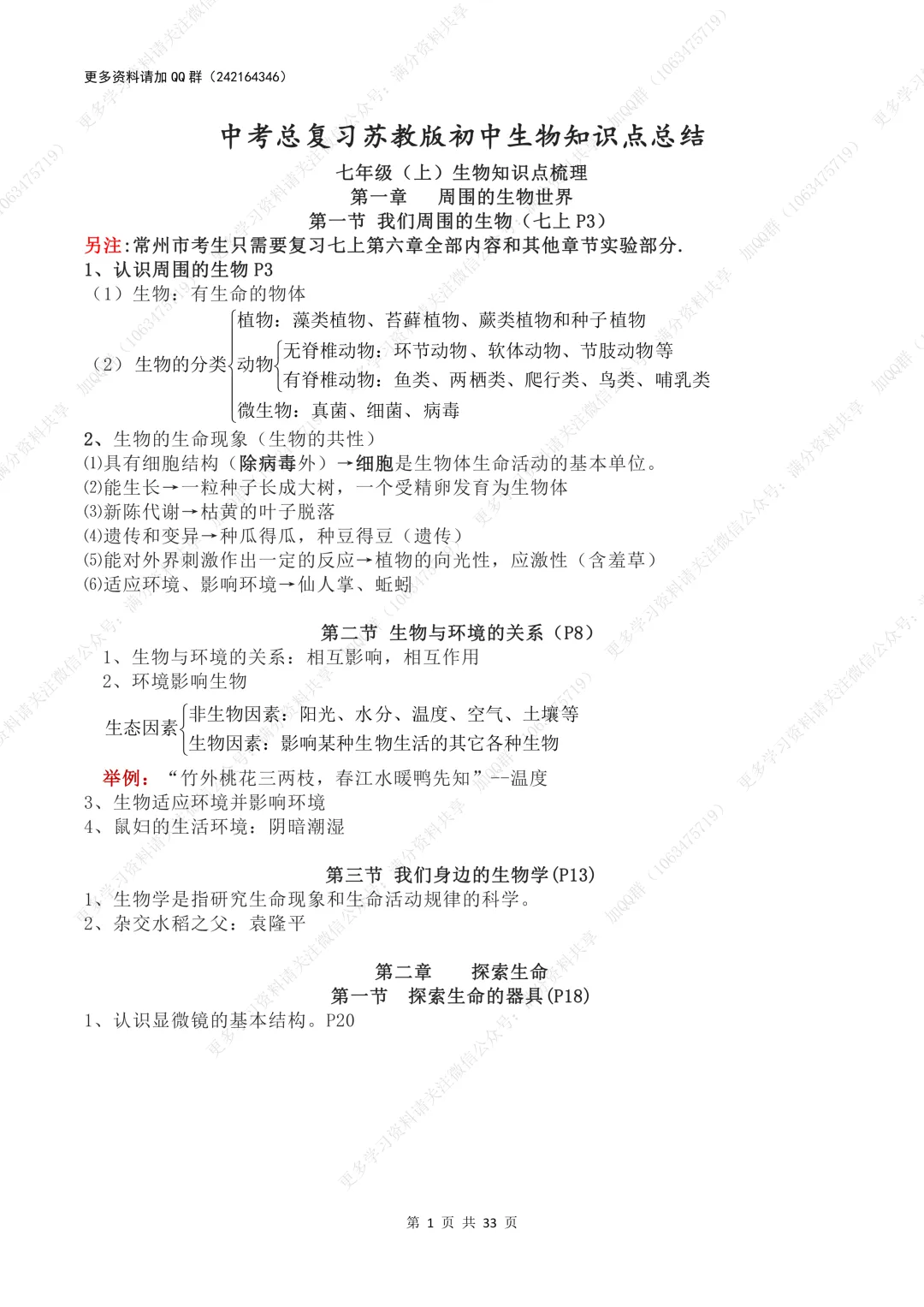 【初中生物】中考总复习苏教版初中生物知识点总结(pdf分享) 第2张