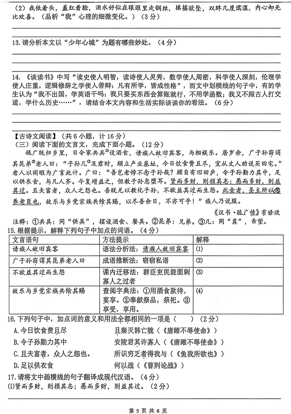 2026年铁一滨河&曲江一中语文五模试卷+答案 第5张