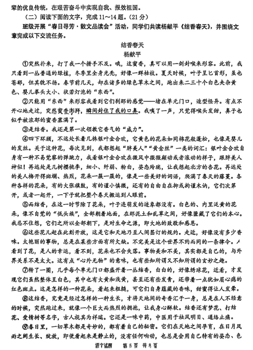 2026年铁一滨河&曲江一中语文五模试卷+答案 第13张