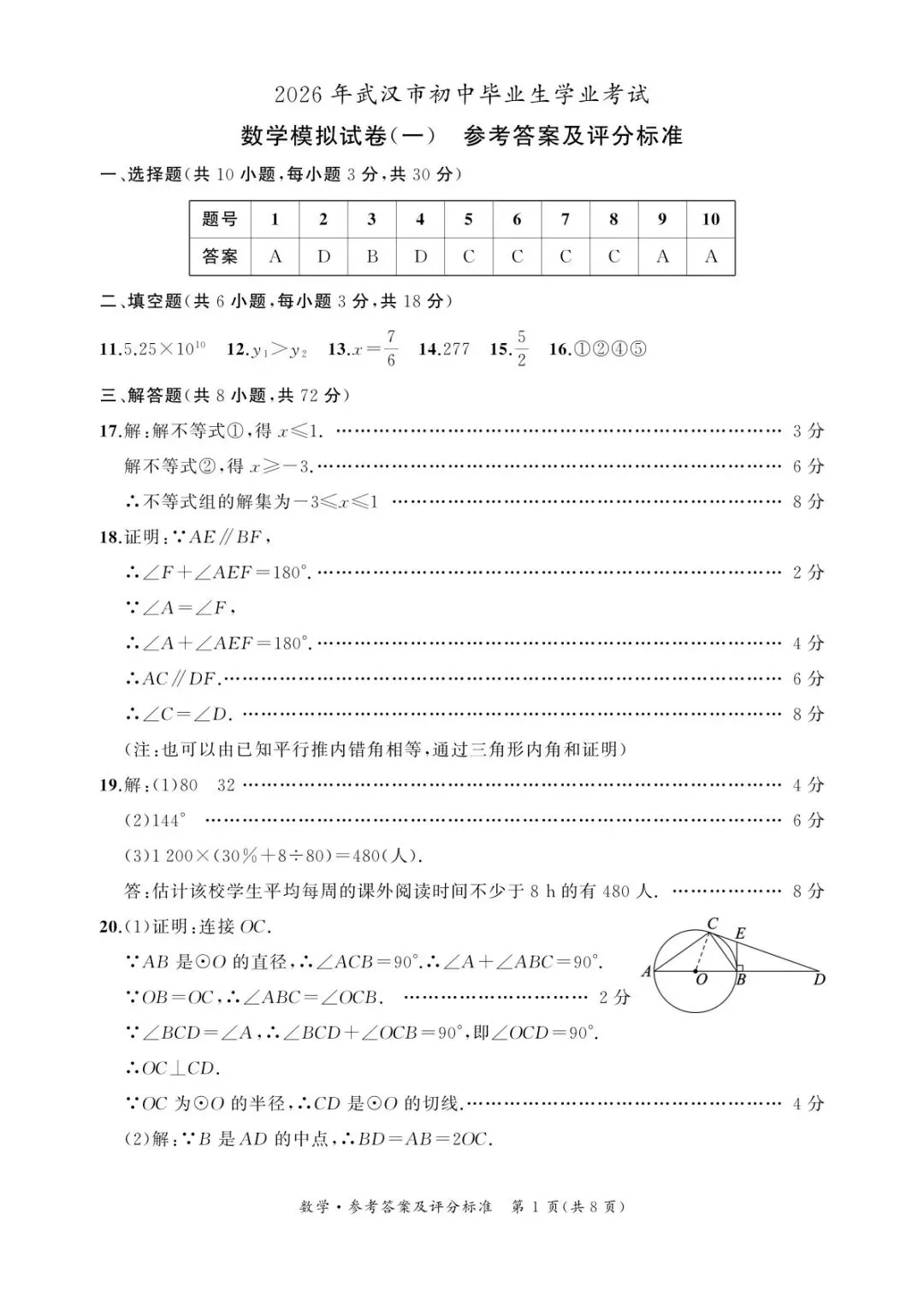 2026年武汉市初中毕业生学业考试数学模拟试卷(一、二)(含答案) 第7张