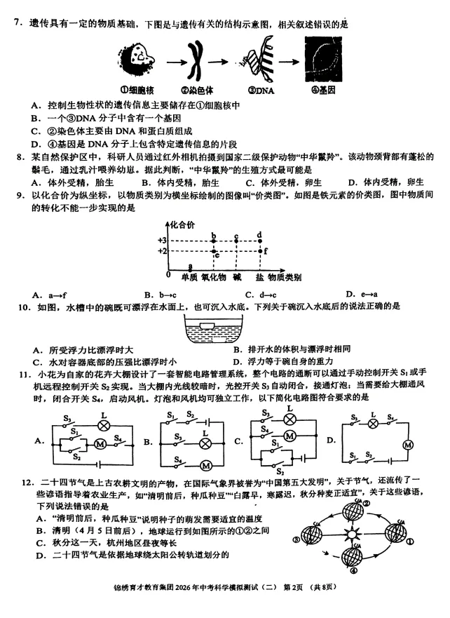 【中考科学二模】2025-2026学年浙江省杭州市拱墅区锦绣育才教育集团九年级下学期--模拟测试--科学试卷(含答案) 第2张