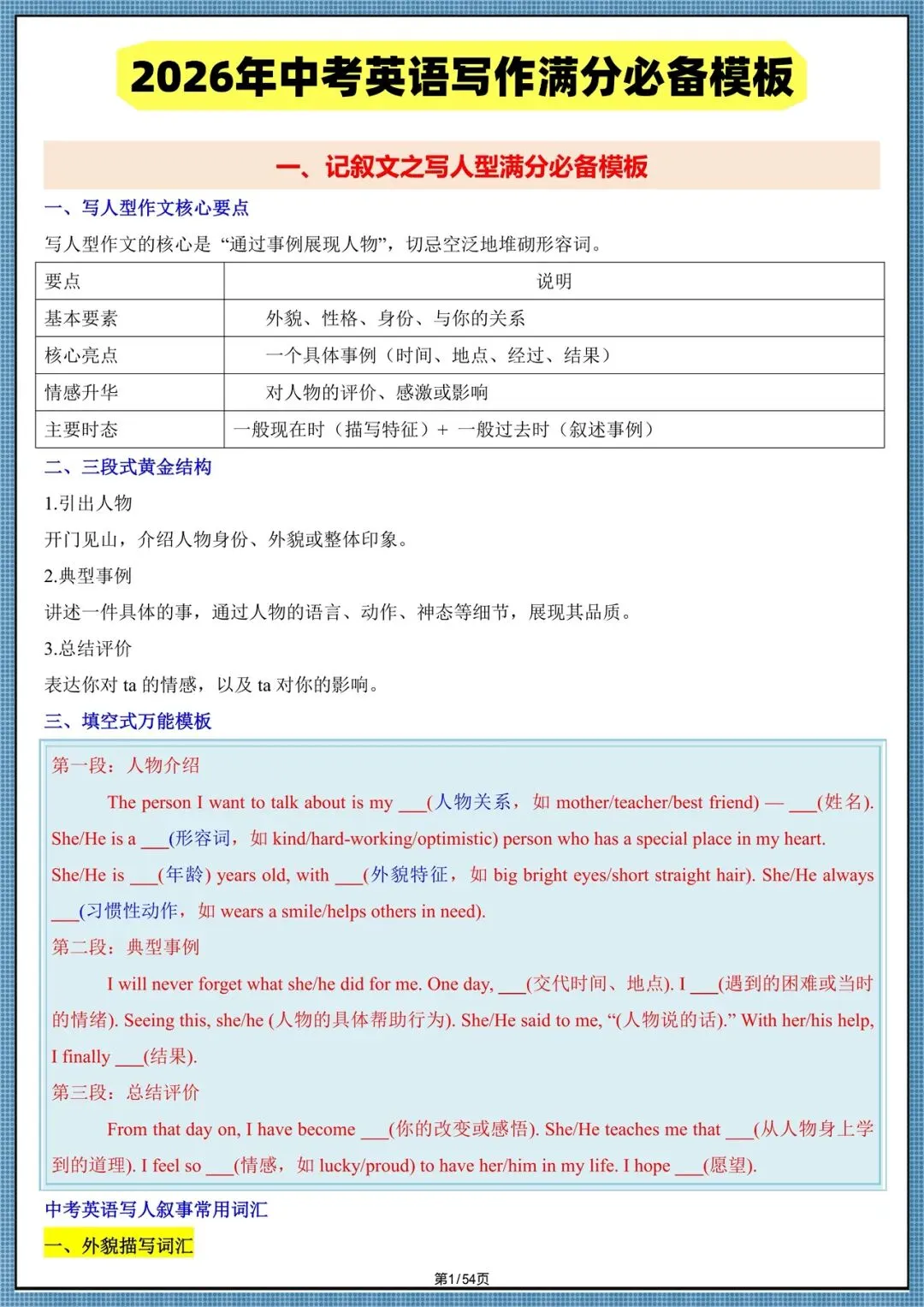 2026年(中考英语)写作满分模板汇总(全册题型梳理)备战中考必备,完整电子版可打印! 第1张