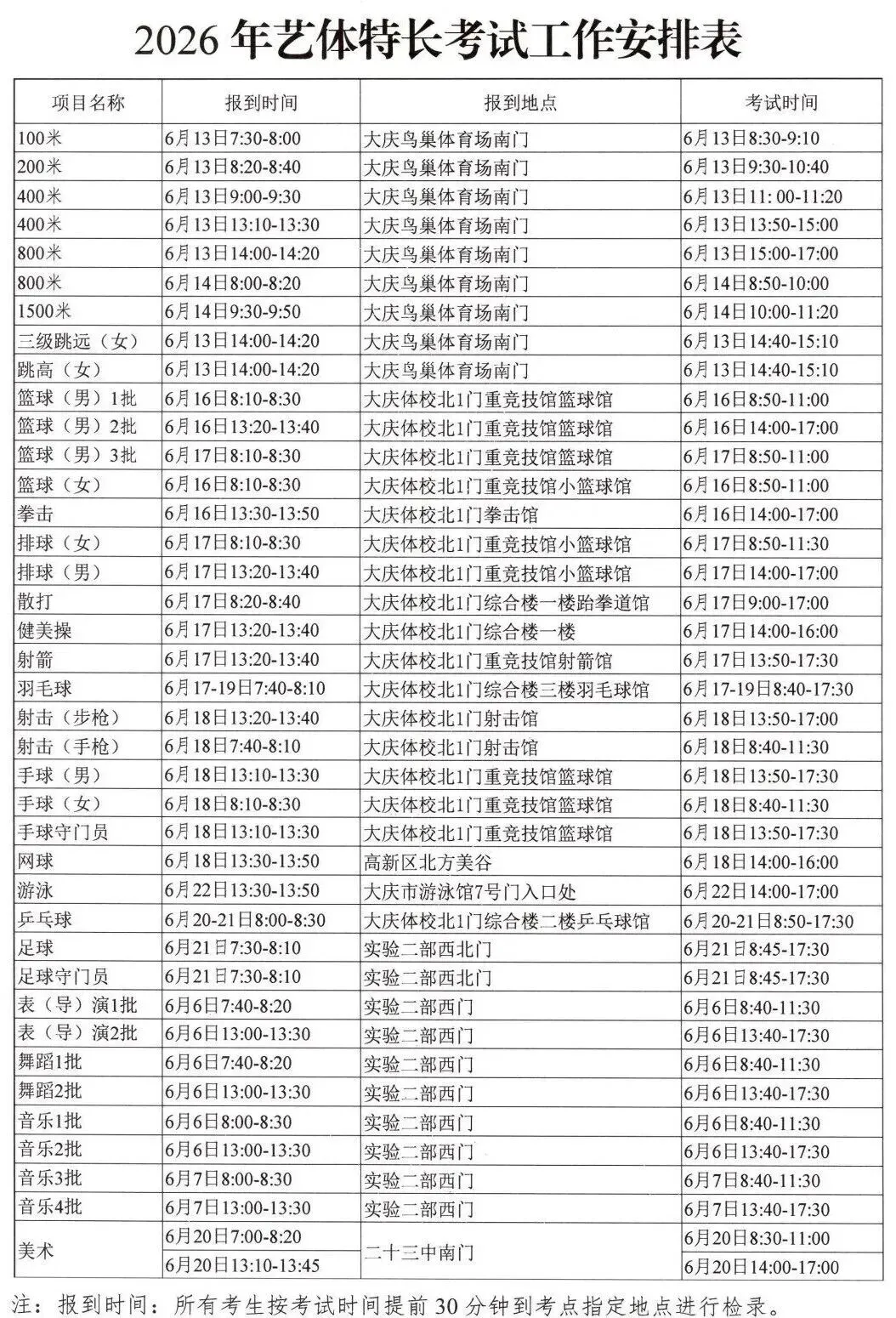 2026年中考大庆艺体考试时间地点安排出炉 第2张