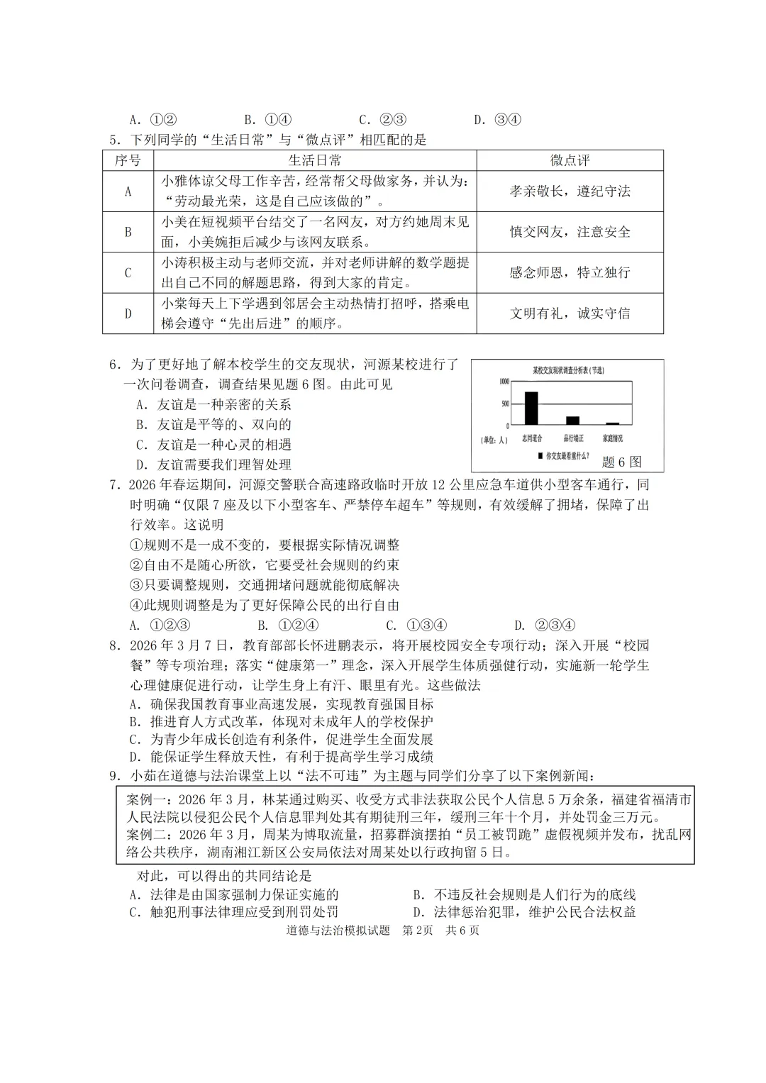 2026年道德与法治初中学业水平模拟考试 第2张