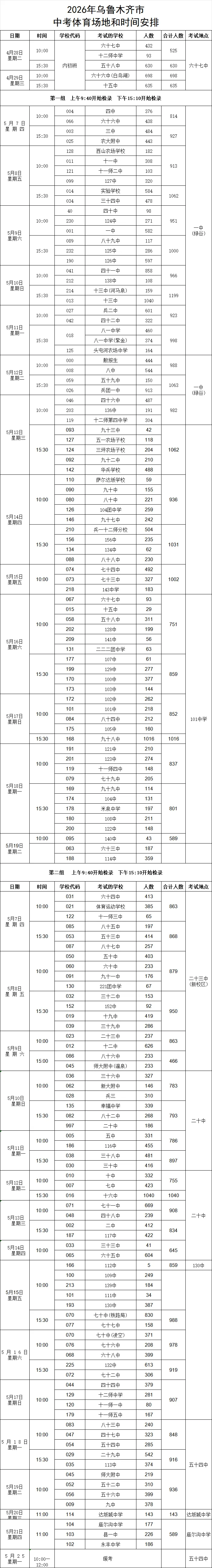 2026年乌鲁木齐市中考体育场地和时间安排 第1张